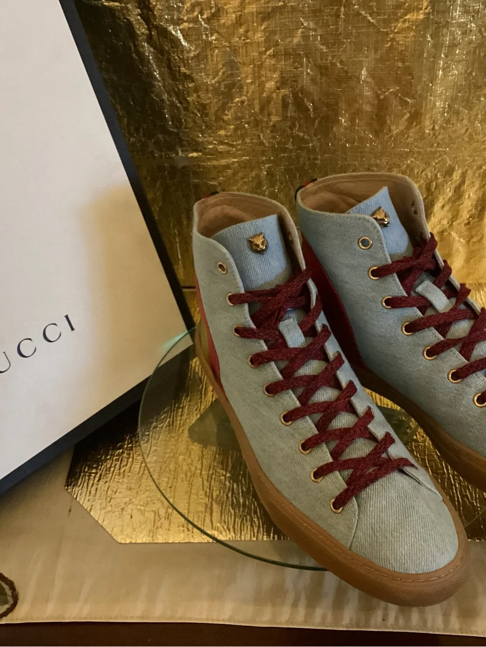 Gucci Light Blue Denim High-Top Sneakers with Red, Gold, Silver Accents